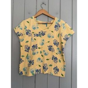 Fresh Produce Top XL Yellow V-Neck Floral Front Pocket Summer 100% Cotton